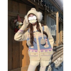 批发童趣雪人提花可爱甜美毛衣外套女秋冬加厚减龄polo领针织<b class='q'>开衫</b>上衣