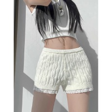 批发韩系针织麻花<b class='q'>短裤</b><b class='q'>女</b>秋冬蕾丝花边裤子高腰显瘦打底裤靴裤~