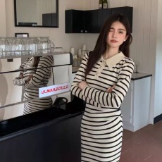 批发秋季撞色条纹针织<b class='q'>长袖</b>连衣裙polo领韩版翻领条纹连衣裙