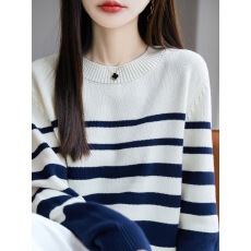 批发韩版撞色圆领毛衣<b class='q'>女</b><b class='q'>新款</b>秋冬宽松显瘦长袖蓝色针织打底衫