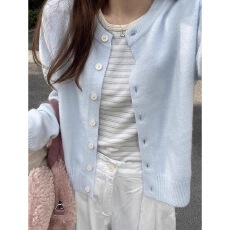 批发软奶蓝色<b class='q'>长袖</b>针织开衫女装秋季慵懒风短款软糯感毛衣<b class='q'>外套</b>薄款上衣
