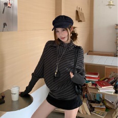 批发纯欲风撞色条纹气质长袖<b class='q'>针织衫</b><b class='q'>女</b>装秋季别致百搭显瘦上衣