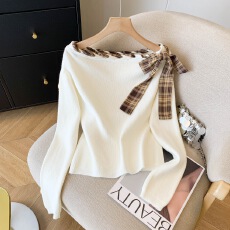 批发撞色格纹系带针织衫<b class='q'>女</b>秋季<b class='q'>新款</b>一字肩设计感长袖T恤百搭气质上衣