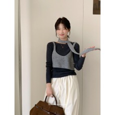 批发法式撞色拼接毛衣吊带背心女秋冬叠穿围脖T恤两件套外搭<b class='q'>短</b>款上衣
