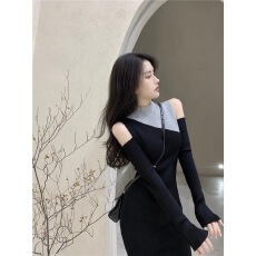 批发黑灰色拼接<b class='q'>露肩</b>长袖<b class='q'>连衣裙</b>设计感小众秋季女装高级感针织毛衣长裙