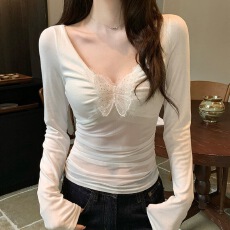批发性感纯欲白色<b class='q'>V领</b>蝴蝶结微透<b class='q'>T</b><b class='q'>恤</b>女春季设计感薄款网纱拼接上衣