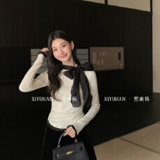 批发春季蝴蝶结新款长袖气质黑色打底修身上衣