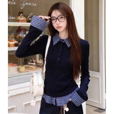 批发miu系学院风假两件格纹拼接polo领长袖T恤女修身收腰显瘦上衣春秋