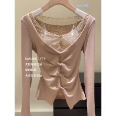 批发春季新款假两件蕾丝拼接长袖上衣女设计感时尚套装韩系纯欲