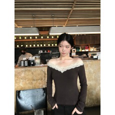 批发蕾丝拼接一字肩t恤女春秋收腰显瘦打底衫上衣