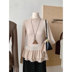 批发韩系<b class='q'>春秋</b>蕾丝花边拼接长袖T恤女修身半高领设计打底上衣