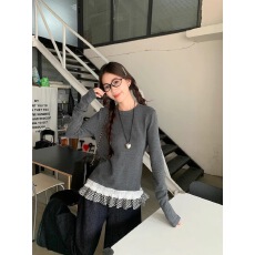 批发花边拼接撞色圆领长袖T恤女<b class='q'>春秋</b>新款韩系设计感宽松内搭上衣