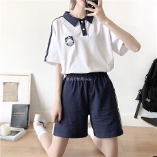 批发跑步<b class='q'>运动服</b>套装女夏季新款polo衫学生宽松短袖T恤+短裤两件套