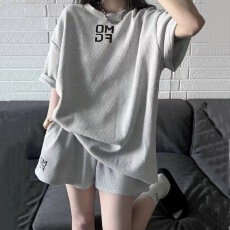 批发美式复古<b class='q'>运动服</b>套装女夏季宽松短袖短裤时尚休闲华夫格两件套