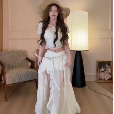 批发夏海边波西米亚风半身裙吊带上衣不规则长裙三件套装女