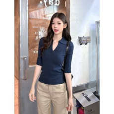 批发<b class='q'>欧美</b>时尚polo领中袖针织衫女2026夏季修身显瘦时尚百搭短款上衣