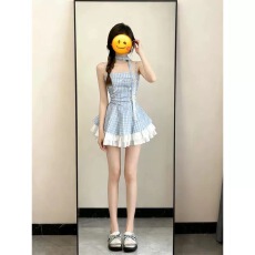 批发蓝色甜美风性感蝴蝶结小裙子吊带<b class='q'>连衣裙</b>女夏季裙子格纹<b class='q'>蓬蓬裙</b>短裙