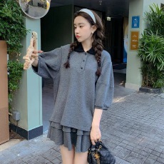 批发灰色polo领上衣短裙套装女夏款T恤<b class='q'>半身裙</b>可盐可甜两件套