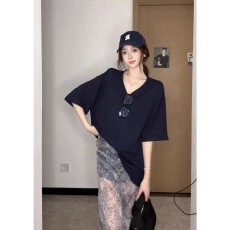 批发夏季新款V领纯色短袖T恤女装别致网纱<b class='q'>半身裙</b>a字长裙两件套