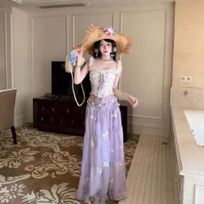 批发纯欲新款夏季蕾丝花边吊带背心夏蓝色花朵<b class='q'>半身裙</b>度假套装女