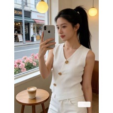 批发老钱风V领无袖马甲背心女夏新款不规则收腰显瘦洋气百搭短袖上衣