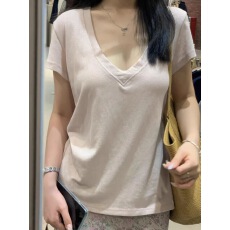 批发夏季新款韩版粉色V领短袖t恤宽松百搭上衣女
