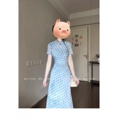 批发法式蓝色波点短袖<b class='q'>旗袍</b>连衣裙女<b class='q'>夏季</b>绝美巨好看气质修身包臀长裙子