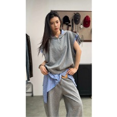 批发夏季新款韩版连帽无袖上衣拼接<b class='q'>衬衫</b>长裤套装<b class='q'>情侣</b><b class='q'>男女</b>