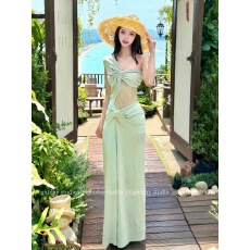 批发扭结斜肩连衣裙女装夏季辣妹性感裙子设计感蕾丝拼接气质包臀长裙