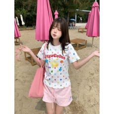 批发多巴胺风彩色波点星星正肩<b class='q'>短</b>袖T恤女夏季新款可爱风修身显瘦上衣