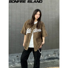 批发美式运动夏季开衫<b class='q'>棒球</b>服短袖女复古街头简约通勤休闲运动夹克衬衫