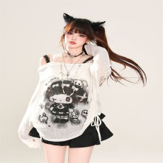 批发kellykitty叛逆魔女一字肩韩系微透<b class='q'>蕾丝</b>防晒<b class='q'>罩衫</b>女夏宽松显瘦上衣