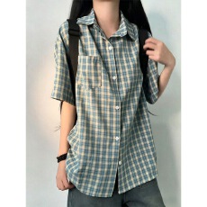 批发复古港风蓝色格纹衬衫短袖<b class='q'>女</b>夏季ootd穿搭设计感宽松外套防晒衬衣