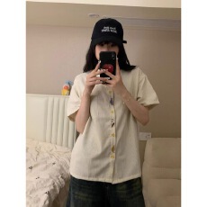 批发日系趣味猫咪刺绣短袖POLO衫女夏季宽松bf慵懒风情侣<b class='q'>百搭</b>条纹<b class='q'>衬衫</b>