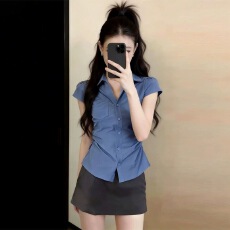 批发韩系chic蓝色polo领短袖<b class='q'>衬衫</b>女装2026夏季小众设计感修身<b class='q'>百搭</b>上衣