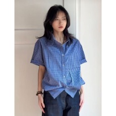 批发美式vintage蓝色格子短袖<b class='q'>衬衫</b>女夏季宽松高级感气质复古<b class='q'>百搭</b><b class='q'>衬衣</b>