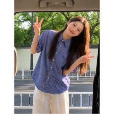 批发美式学院风复古高街格子短袖<b class='q'>衬衫</b>男女潮牌小众设计感<b class='q'>百搭</b>宽松外套