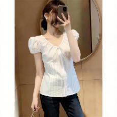 批发洋气时尚V领系带白色<b class='q'>衬衫</b>女夏季大码胖mm设计感减龄显瘦<b class='q'>百搭</b>上衣