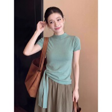 批发温柔风半高领设计绑带短袖T恤<b class='q'>女</b>夏季<b class='q'>新款</b>修身显瘦百搭别致上衣ins