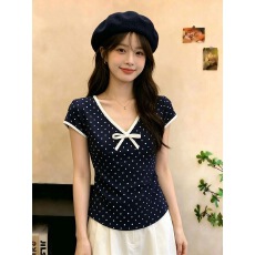 批发蝴蝶结波点<b class='q'>V领</b>短袖t恤女夏季新款时尚洋气修身上衣