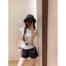 批发韩系波点正肩短袖衬衫设计感小众收腰衬衣女夏季百搭<b class='q'>娃娃领</b>小衫甜