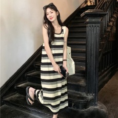 批发法式无袖夏日新款气质显瘦条纹针织背心小个子长裙撞色连衣裙女装