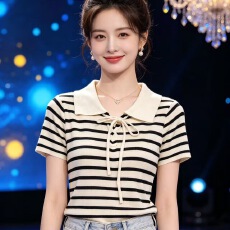 批发法式条纹POLO领<b class='q'>短袖</b><b class='q'>T</b><b class='q'>恤</b>女夏季新款时尚洋气修身显瘦减龄上衣