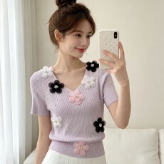 批发烫钻立体花<b class='q'>V领</b>短袖针织衫女夏季薄款温柔风减龄气质T恤上衣