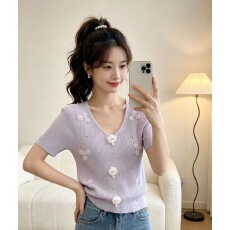 批发韩系法式<b class='q'>V领</b>立体花朵针织衫女夏季新款气质修身显瘦百搭短袖上衣