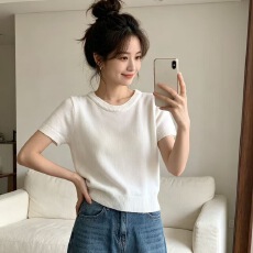 批发简约圆领薄款针织短袖女夏季新款<b class='q'>韩</b>版休闲显瘦洋气超好看遮肉上衣