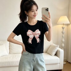 批发<b class='q'>韩</b>版休闲显瘦圆领修身显瘦蝴蝶结印花百搭短袖薄款针织衫上衣女潮