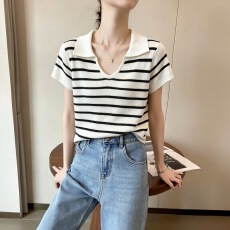 批发复古<b class='q'>V领</b>冰丝短袖T恤针织衫条纹撞色宽松薄款洋气设计感小众上衣