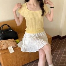 韩版小清新背后绑带短袖针织衫女夏季短款修身显瘦简约高级感T恤