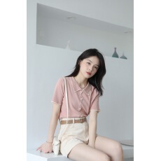 娃娃领针织衫女夏季新款气质拼色纽扣修身显瘦翻领短袖上衣
